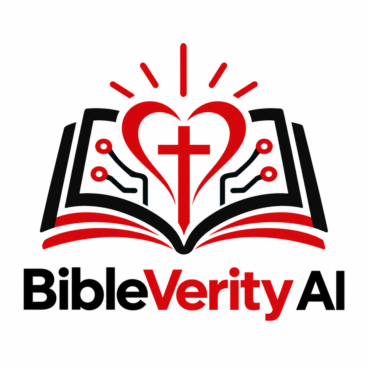 Official BibleVerity AI logo: cross and heart above an open Bible with circuit elements