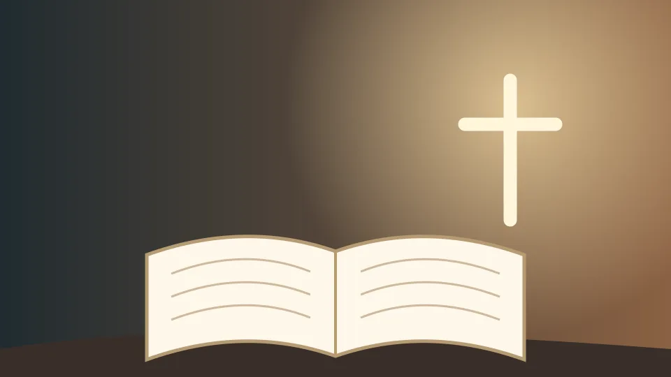 暖かな秋の光の中の開いた聖書と十字架