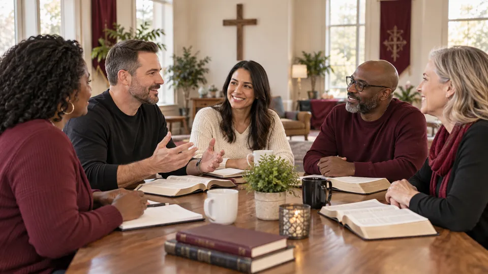Adults gathered around open Bibles and notebooks for a small-group study